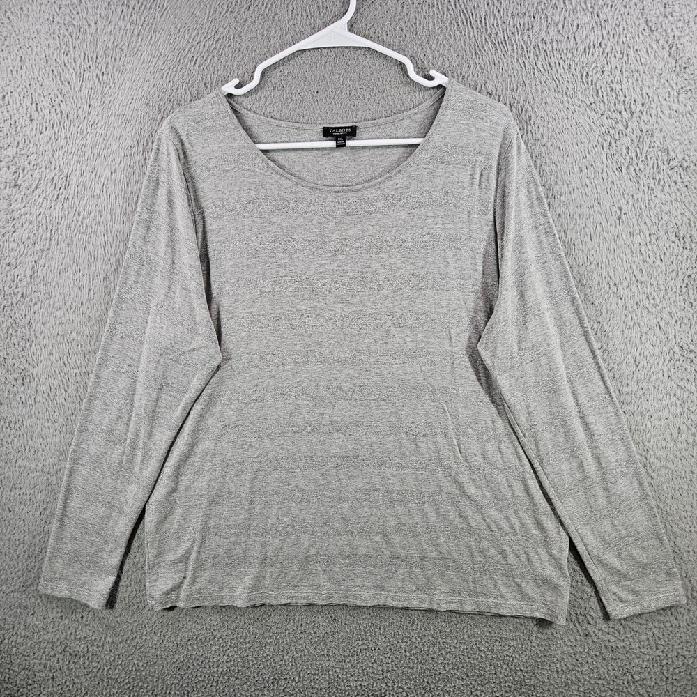 Talbots Woman Petites Top 1XP Gray Silver Metallic Stripe Long Sleeve Scoop Neck